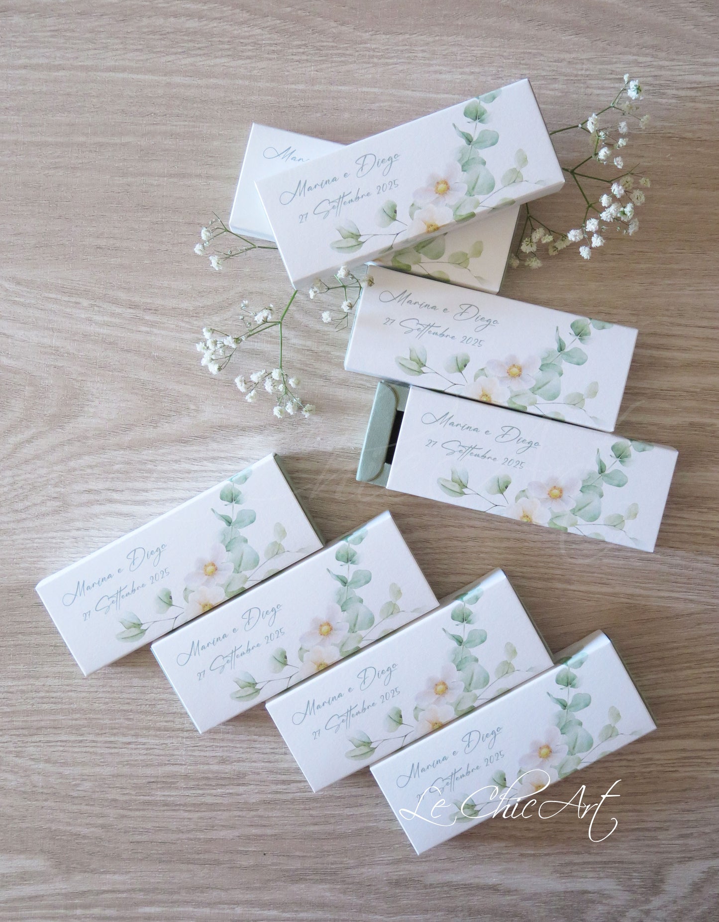 Set scatole porta confetti segnaposto matrimonio plumeria eucalipto botaniche esotiche