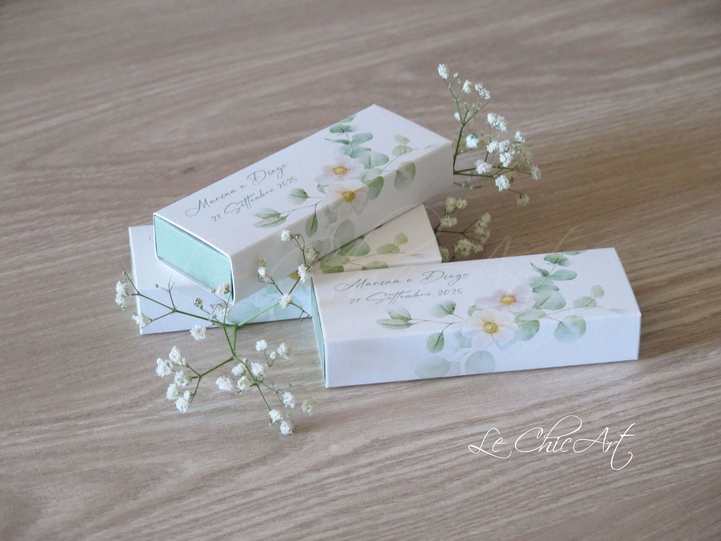 Scatole mini sfilo plumeria eucalipto eleganza tropicale matrimonio
