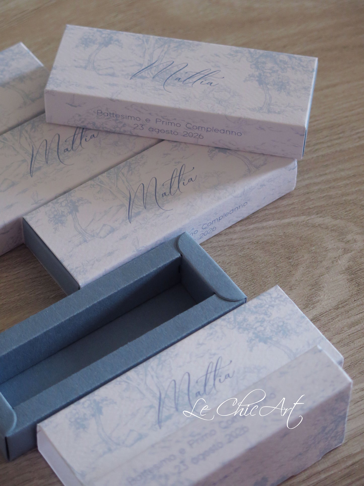 Set 20 Scatoline Portaconfetti Toile de Jouy | Battesimo e Primo Compleanno | 12x4x2cm Azzurro Polvere