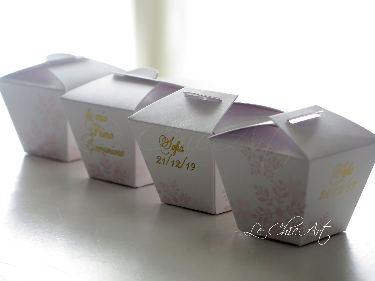 Bomboniere prima comunione candy box fiocchi neve rosa cipria stampa oro lucido