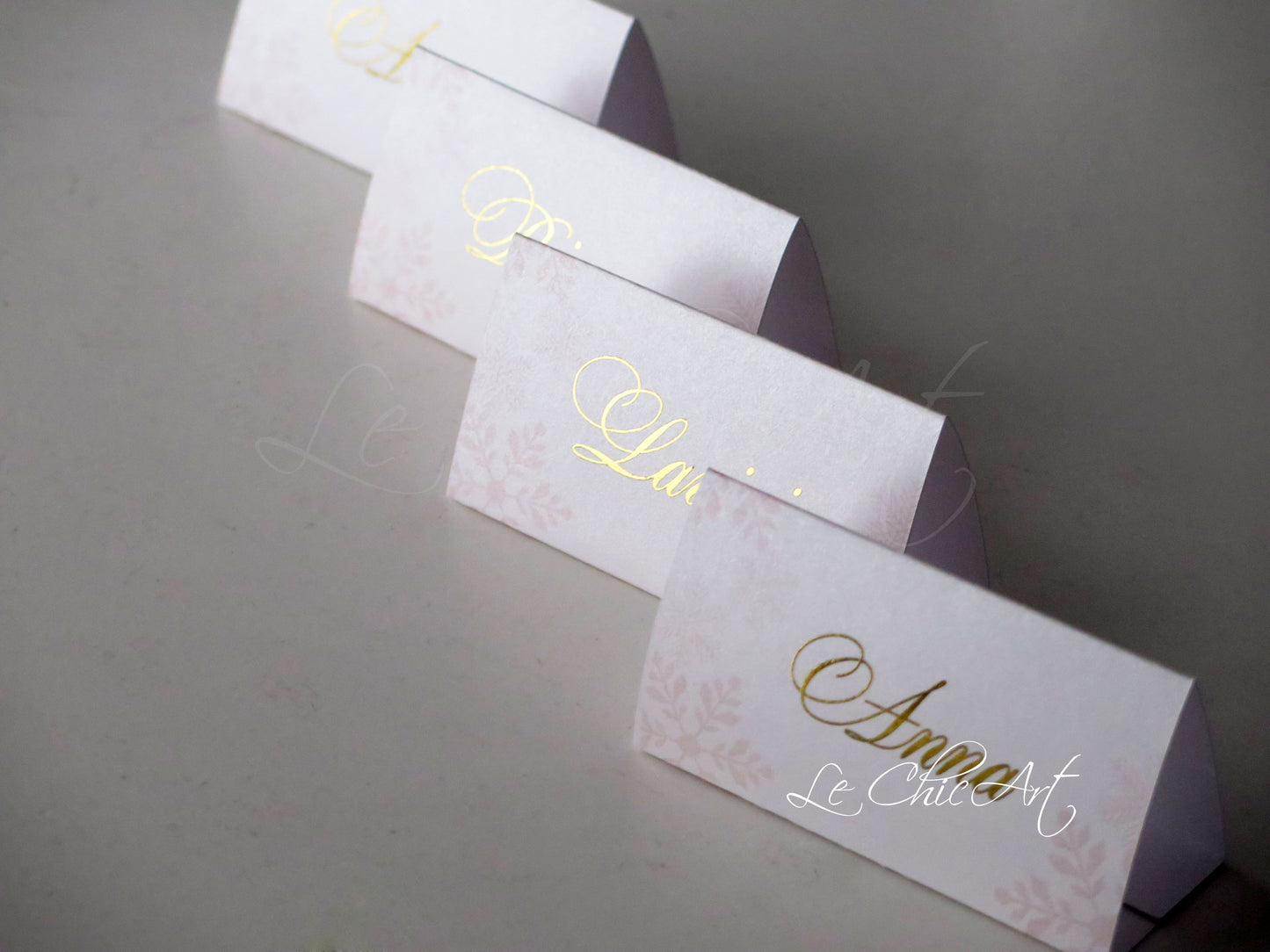 Segnaposto fiocchi neve rosa cipria oro lucido 9x5cm elegante