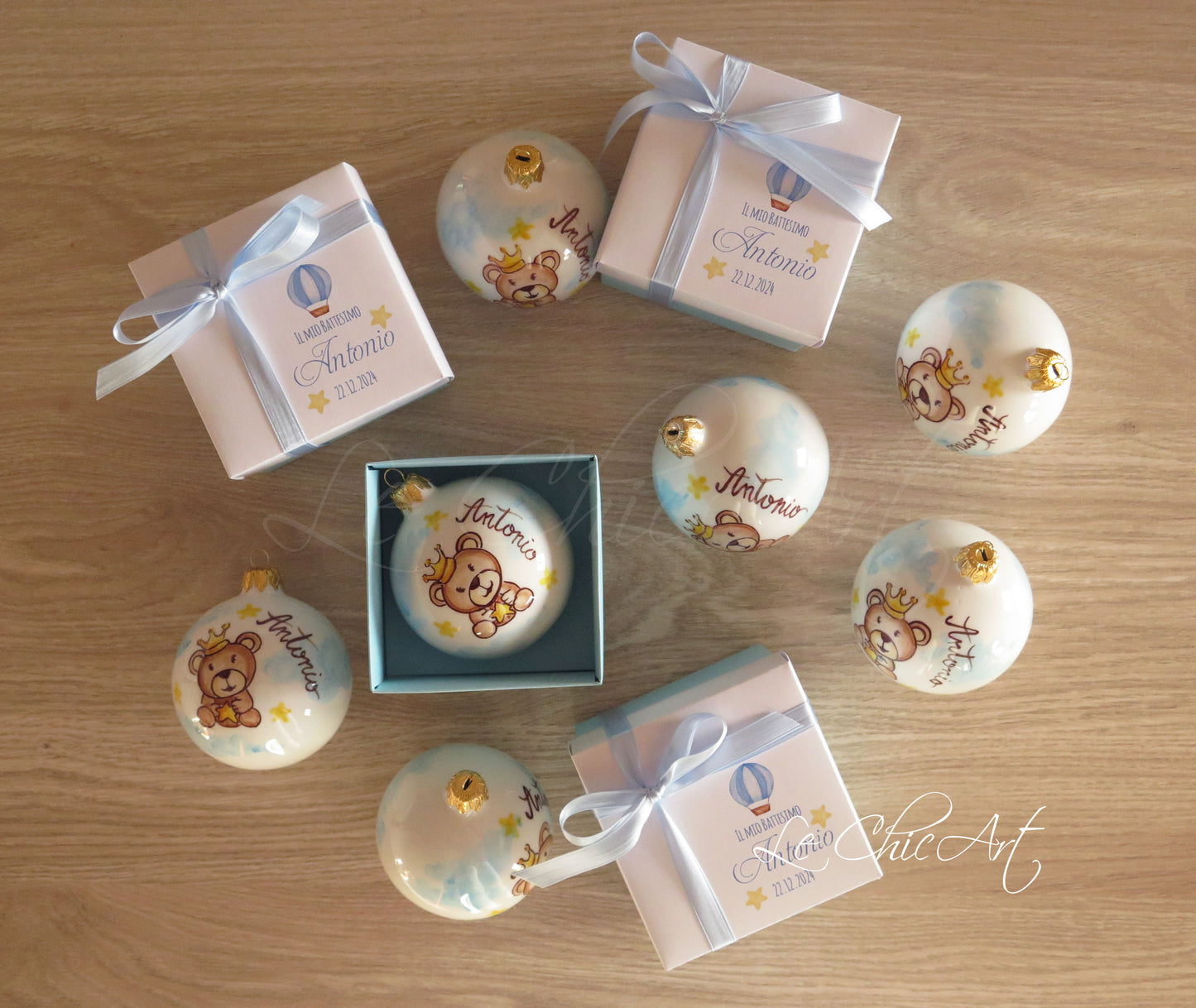 Palla battesimo ceramica azzurra orsetto con stelline - Bomboniera artigianale italiana con scatola regalo
