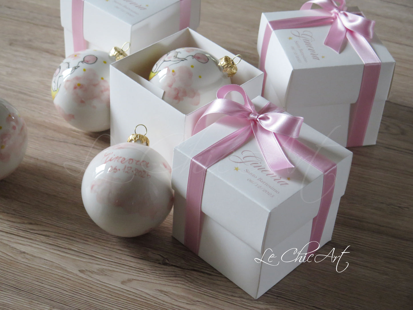 Bomboniera battesimo femminile palla ceramica 8cm dipinta a mano - Elefantino rosa palloncino fortuna - Ricordo duraturo Made in Italy