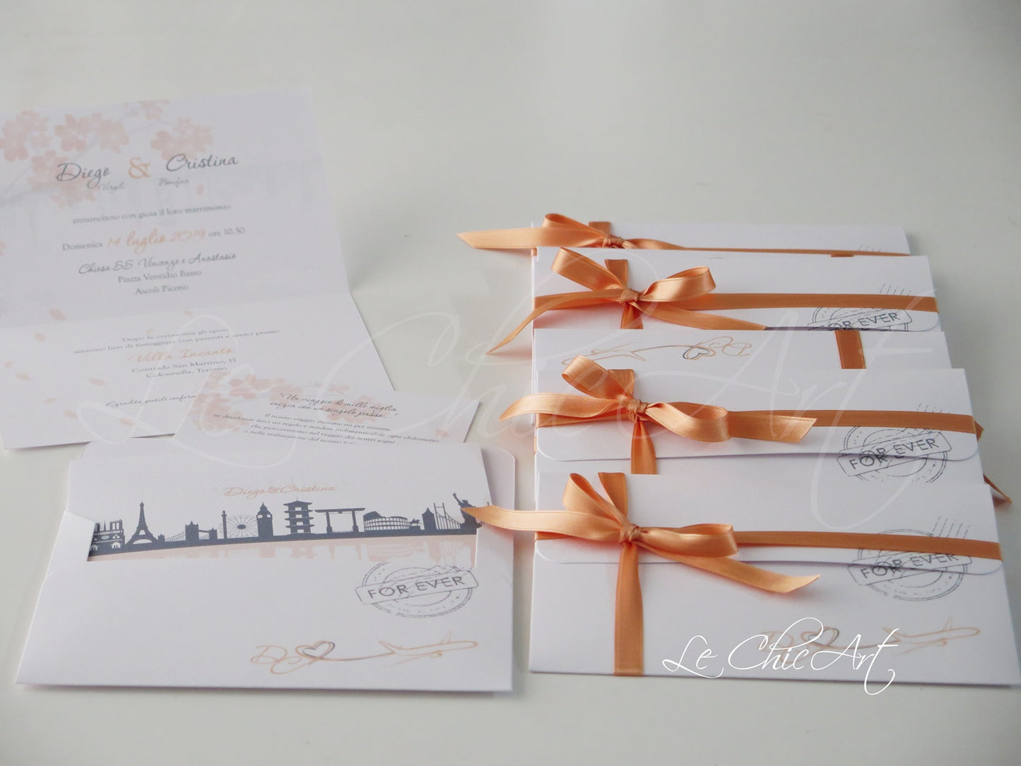 Interno partecipazione matrimonio tema viaggi con busta artigianale