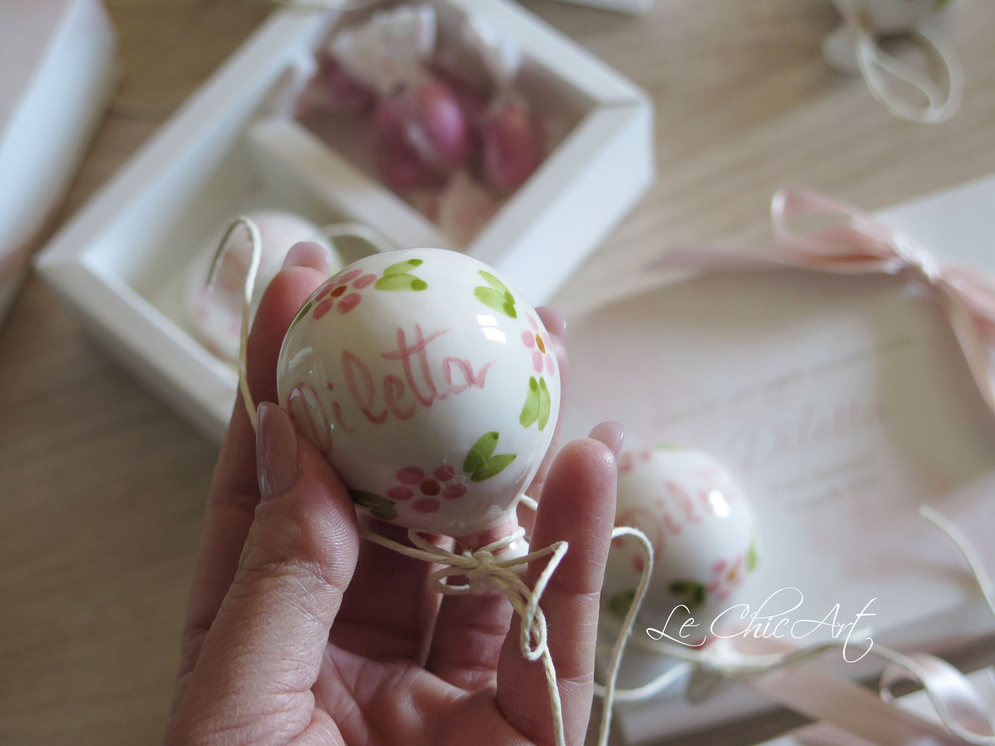 Set 10 Bomboniera Battesimo Palloncino piccolo bombato 5x6x4cm con Fiorellini e nome Rosa cipria