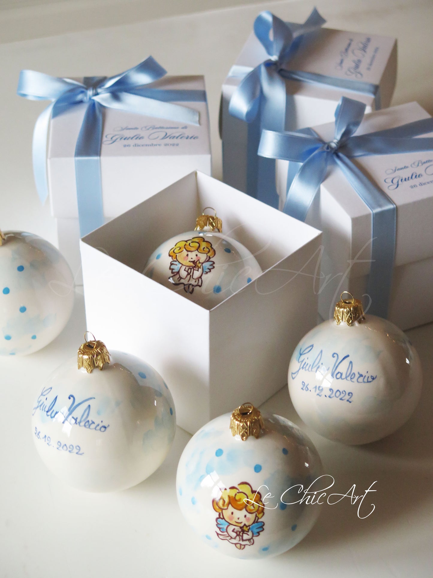 Set bomboniere eleganti fatte a mano napoli battesimo palle ceramica dipinte a mano - Angelo azzurro con scatola personalizzata regalo invitati artigianale