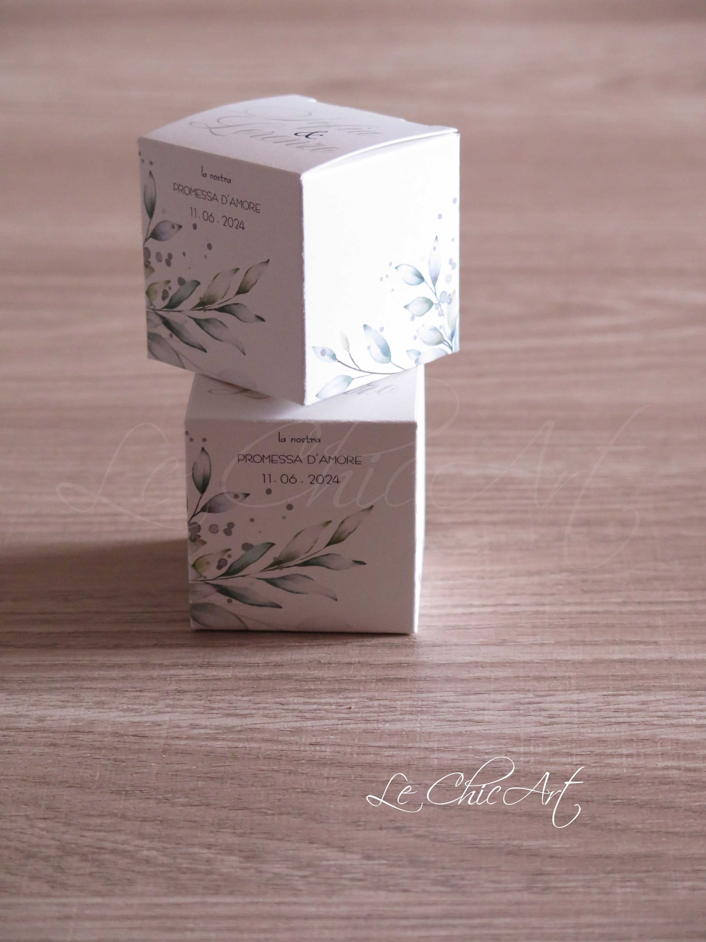 Set 20 scatole porta confetti promessa matrimonio eucalipto verde con testo nero elegante, bomboniere premium design botanico minimalista per celebrazioni raffinate