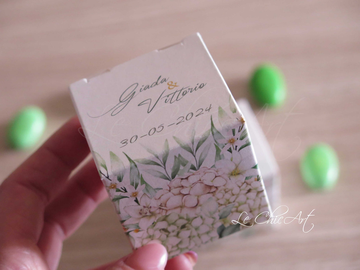 Scatole porta confetti promessa matrimonio ortensie verdi, bomboniere fai da te eleganti