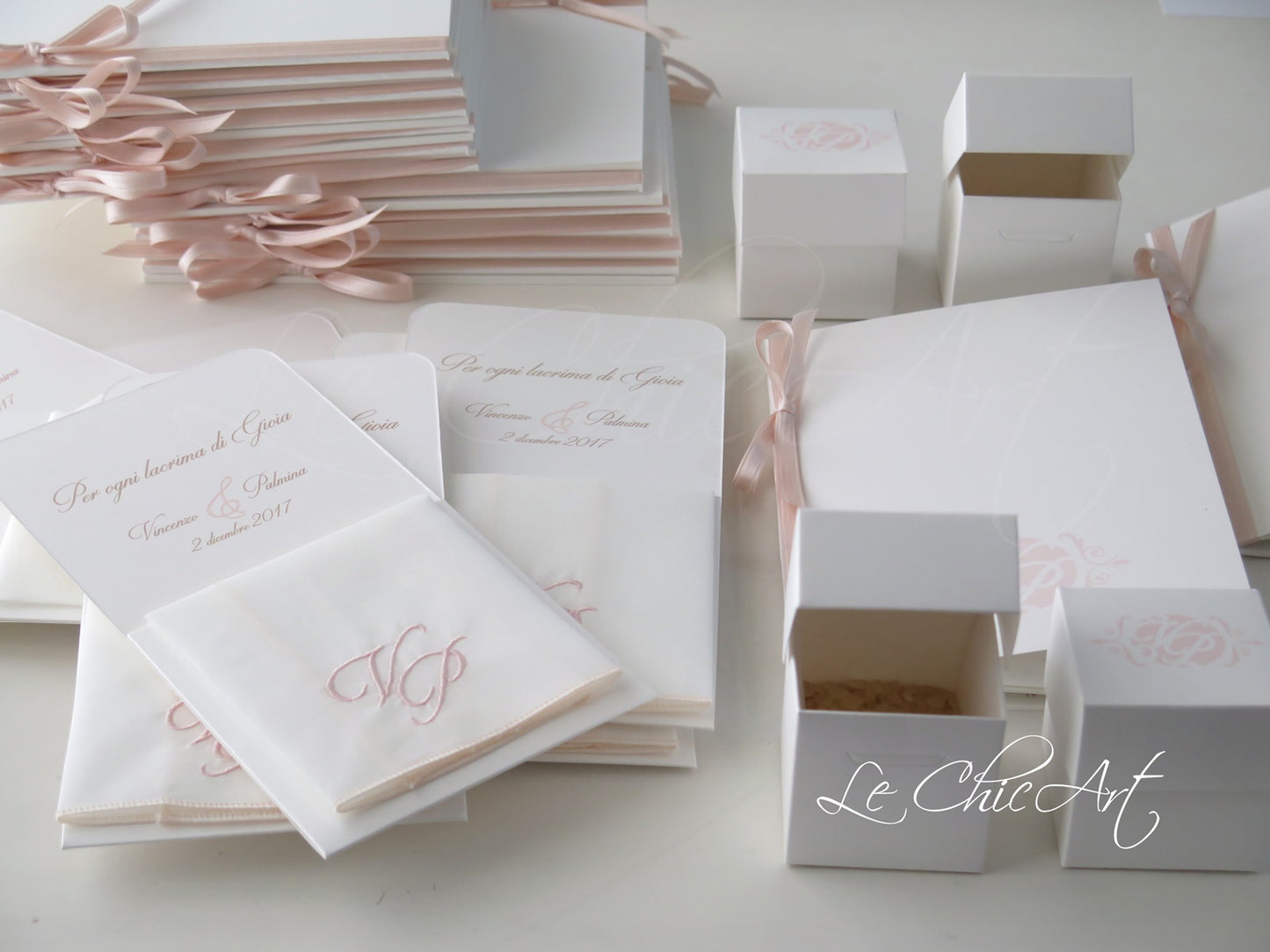 Set of 10 handkerchiefs with embroidered initials in Antique Pink and Powder Pink
