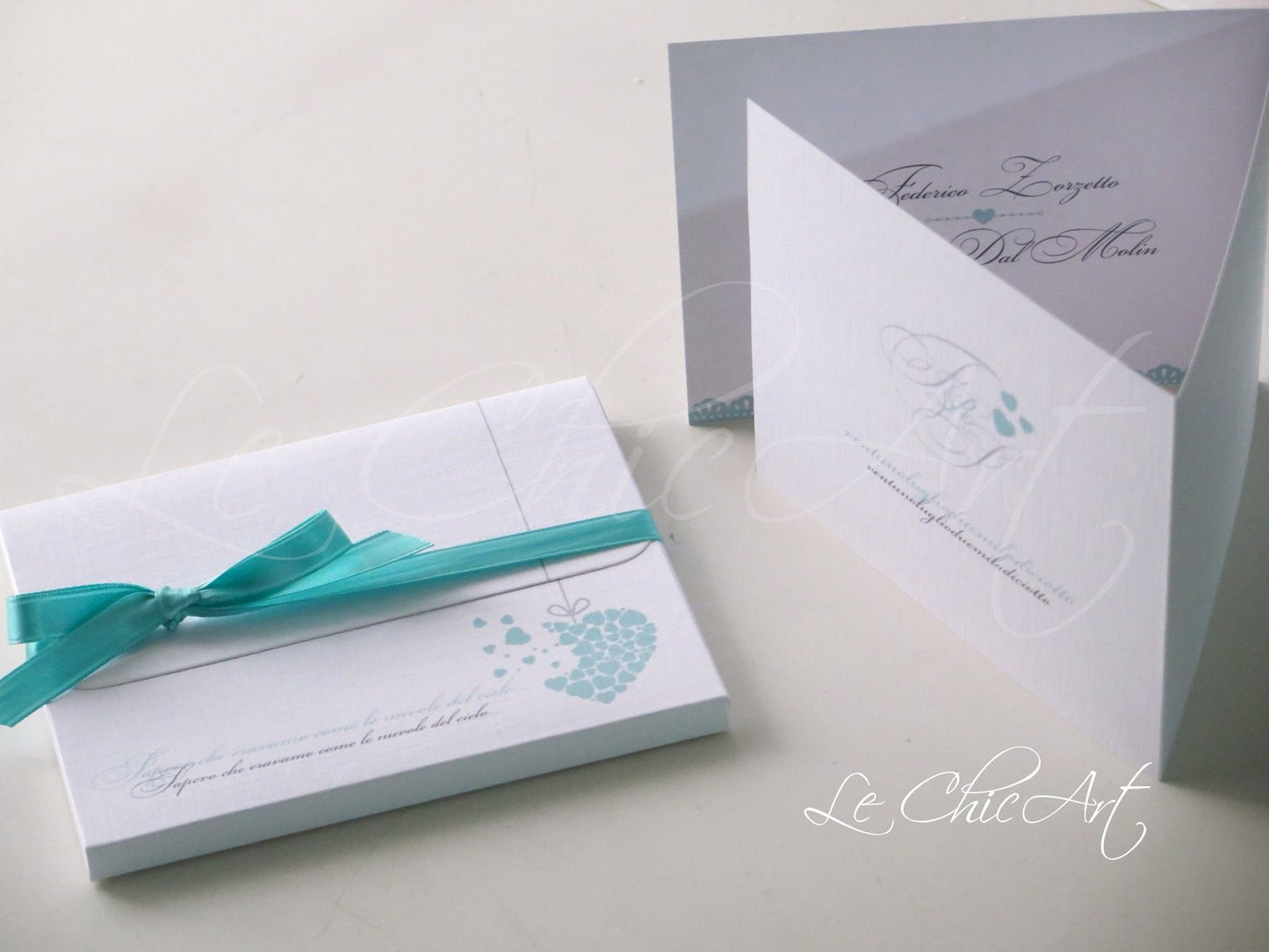 Partecipazioni matrimonio pocket tiffany con cuoricini decorativi e nastro raso elegante