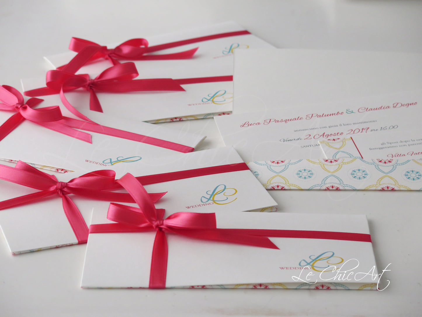 Partecipazione maiolica corallo - pochette matrimonio elegante