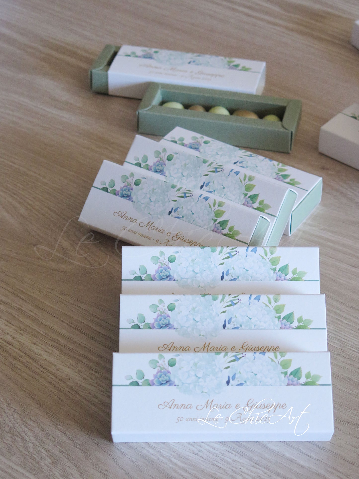 Set 20 Scatole porta confetti a sfilo Ortensie 50° ANNIVERSARIO Nozze d'oro