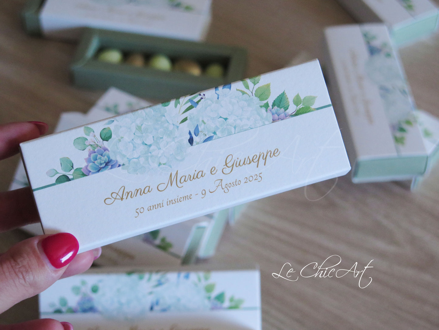 Set 20 Scatole porta confetti a sfilo Ortensie 50° ANNIVERSARIO Nozze d'oro