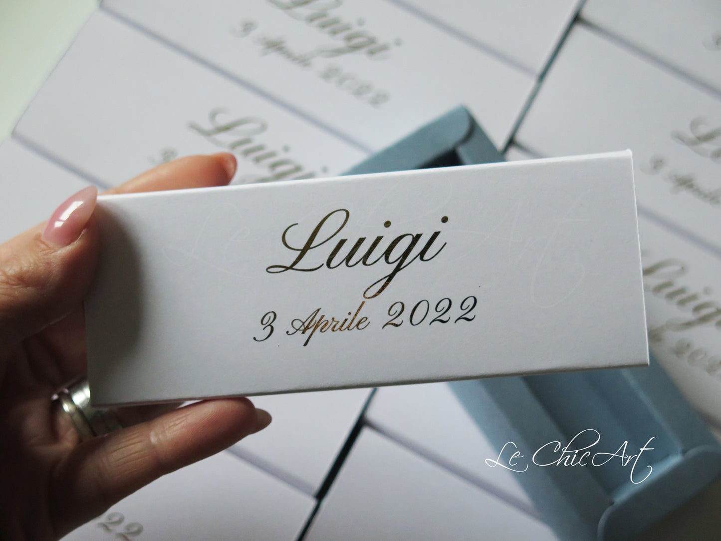 Bomboniere battesimo premium carta zucchero stampa oro fascia scorrevole elegante, Avio