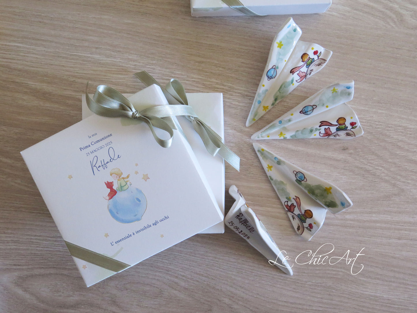 Set 10 Bomboniere Prima Comunione Aeroplano Piccolo Principe Verde Salvia