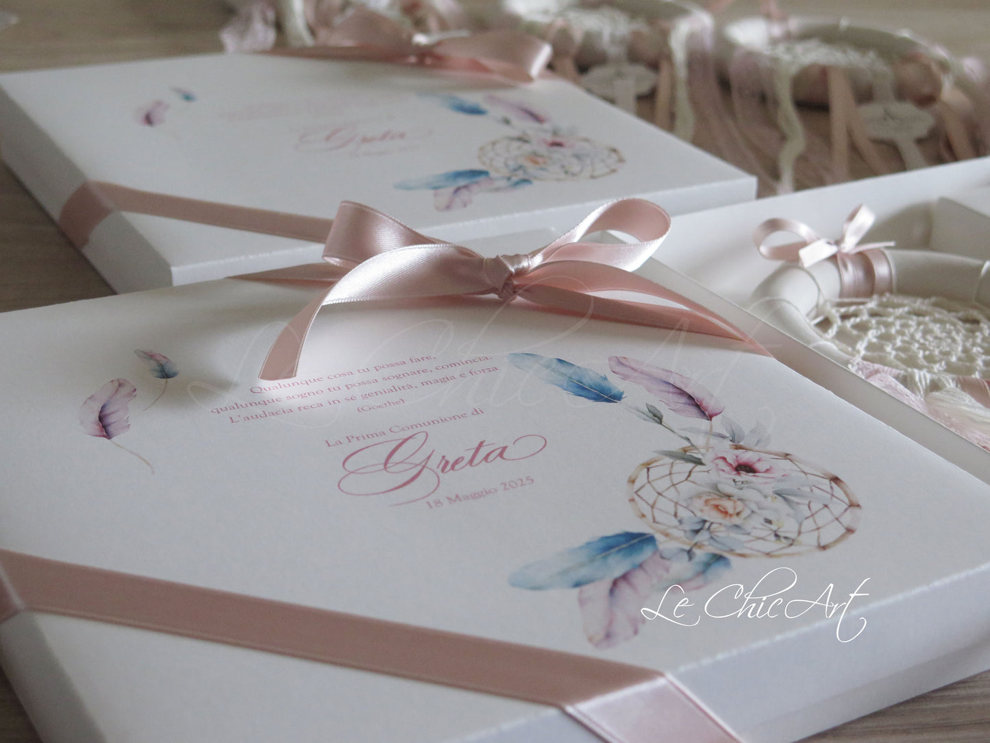 Acchiappasogni artigianale rosa cipria nastri delicati scatola personalizzata