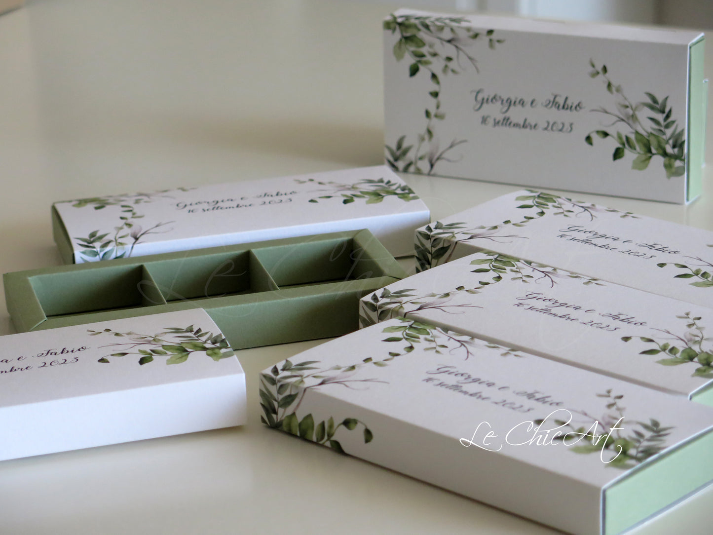 Scatole degustazione foglie decorative verde salvia matrimonio green