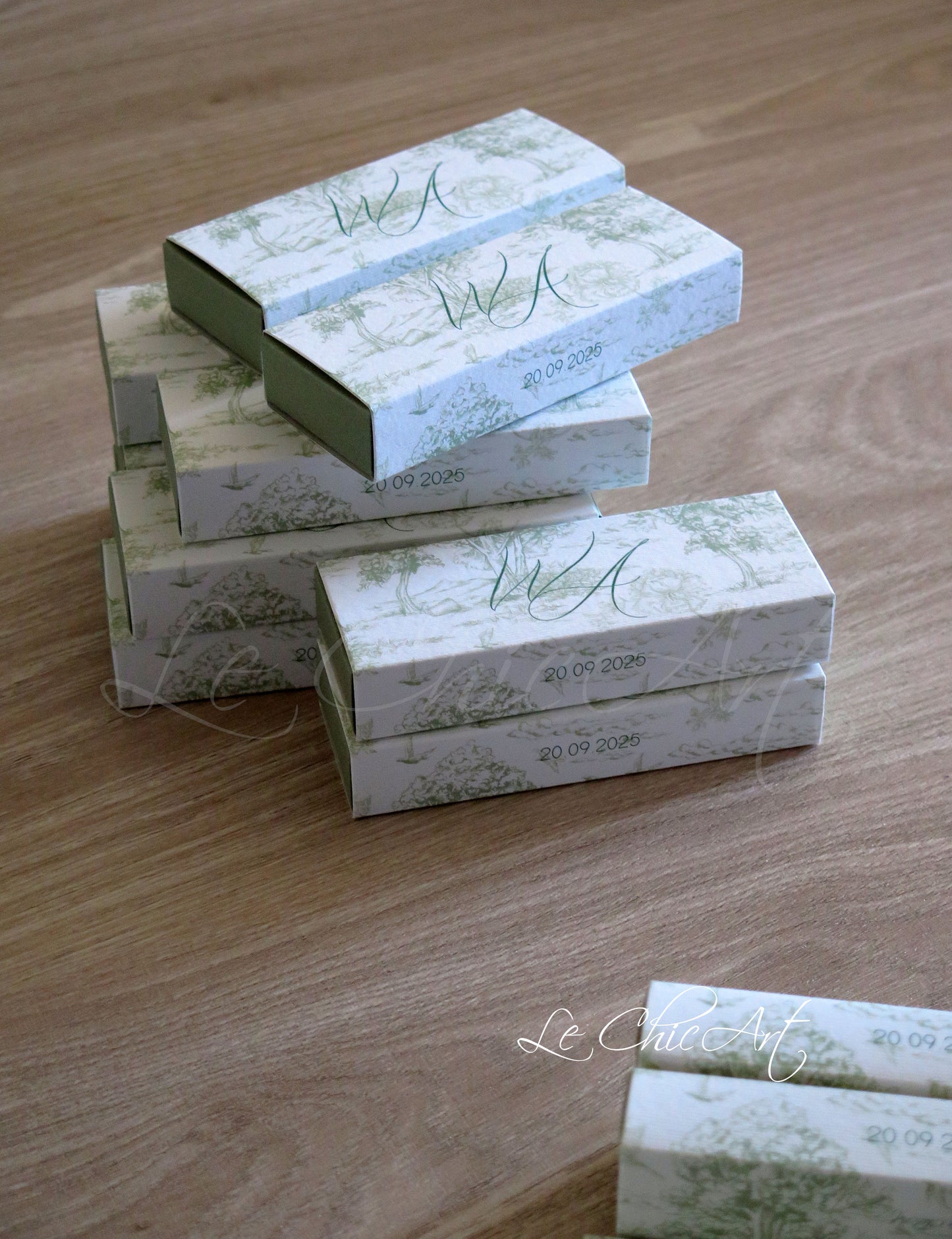 Scatole porta confetti mini sfilo verde salvia Toile de Jouy 12x4x2cm per matrimonio,