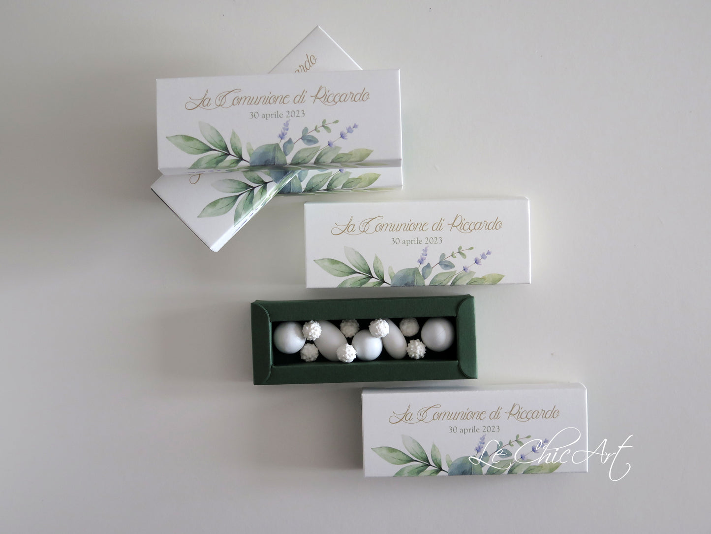 porta confetti comunione fiori eucalipto lavanda 12x4x2cm con fascia a sfilo verde bosco