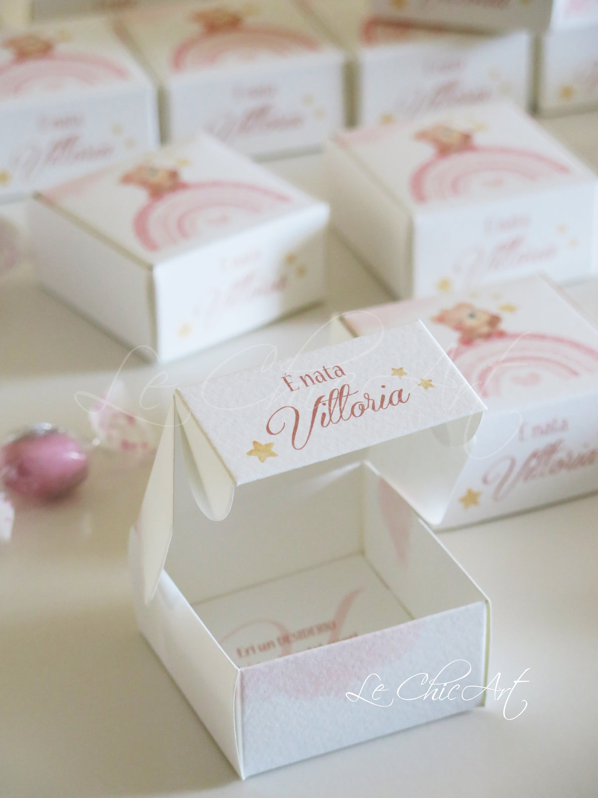 Set di scatole portaconfetti nascita con orsetto arcobaleno, bomboniere eleganti personalizzate