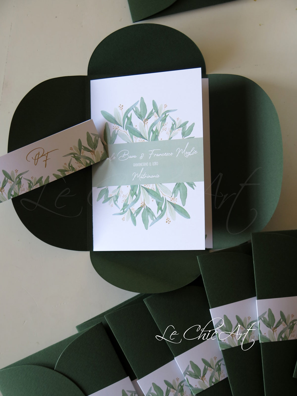 Partecipazione matrimonio tema ulivo con busta verde apribile