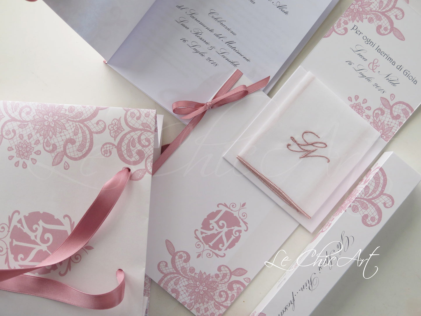 Set of 10 handkerchiefs with embroidered initials in Antique Pink and Powder Pink