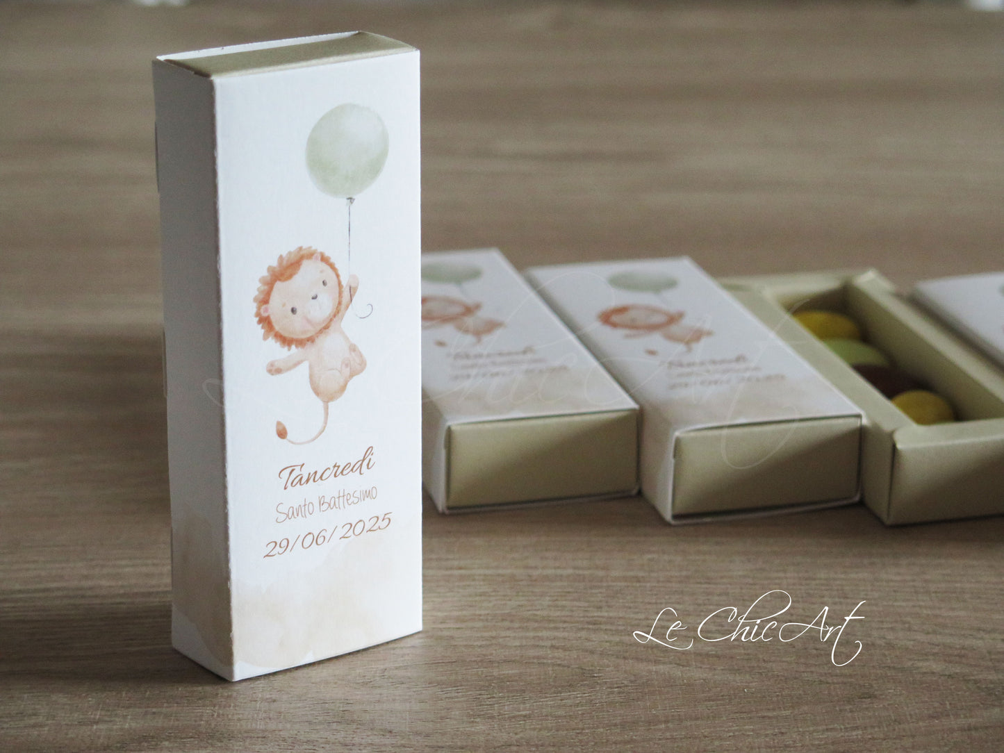 scatoline mini sfilo leone palloncino beige verde salvia battesimo