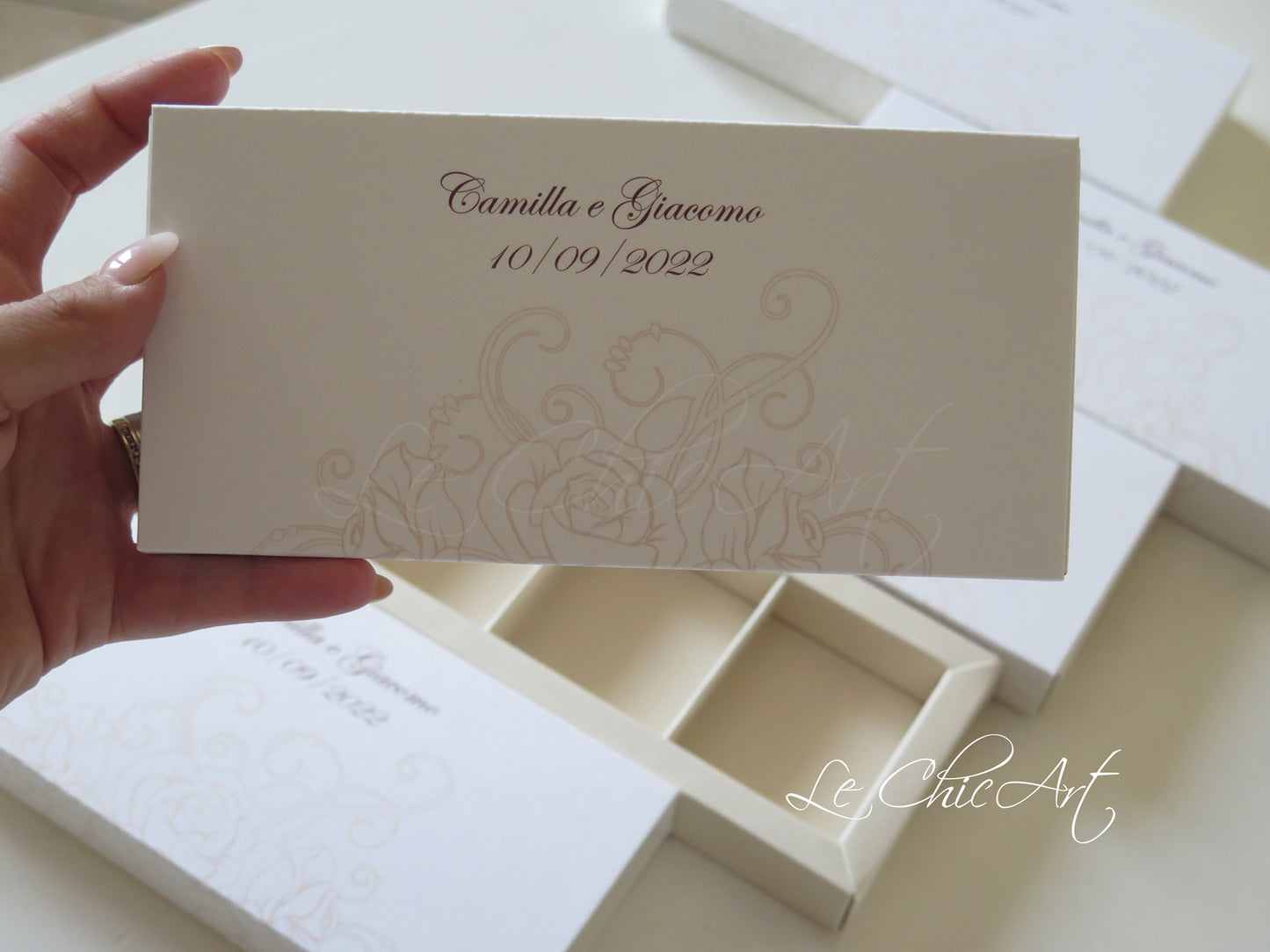 Scatole degustazione 3 scomparti rose champagne matrimonio elegante matrimonio