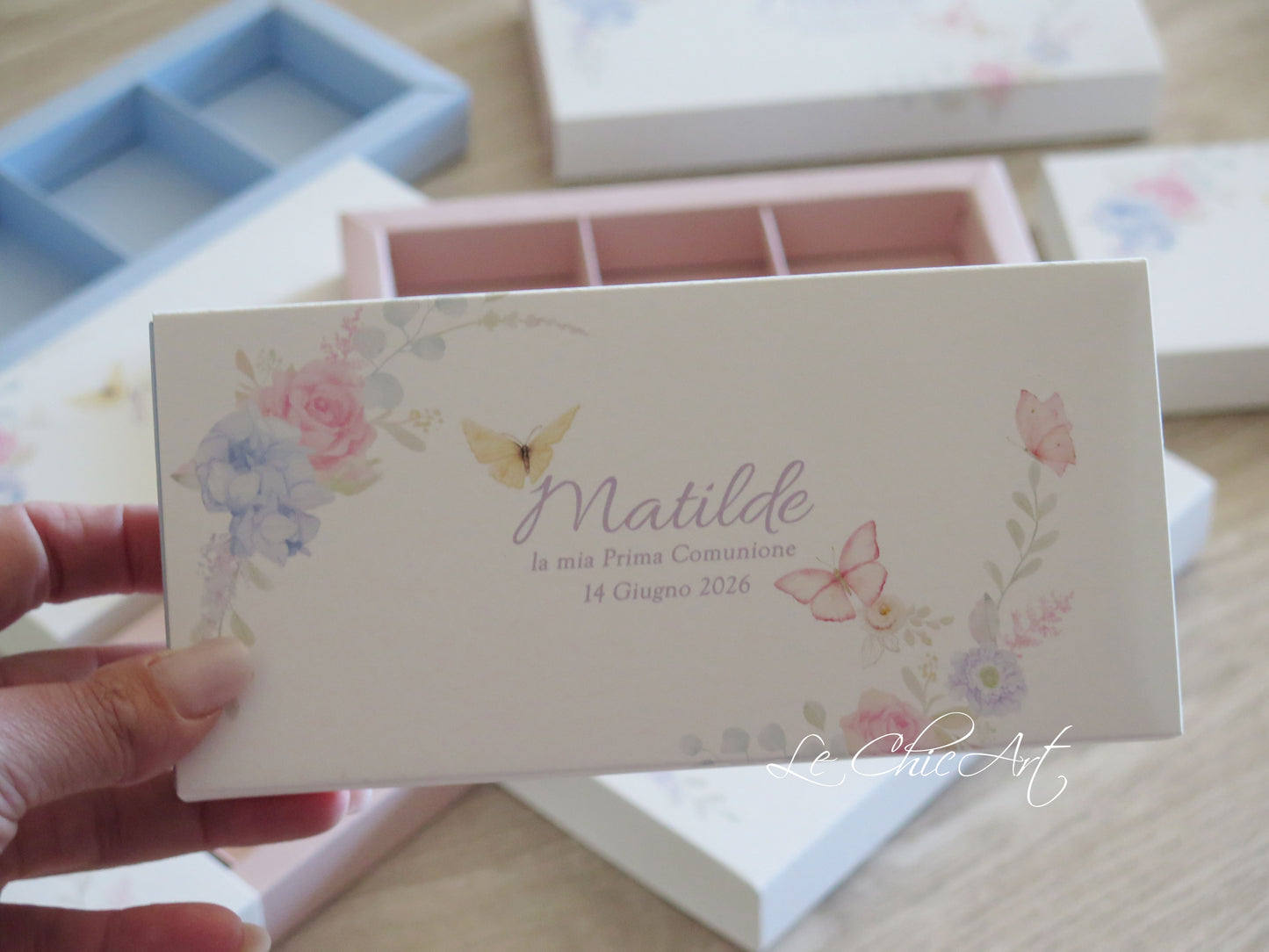 Set of 10 3-compartment confetti tasting boxes - roses or lilies - powder pink or sage green