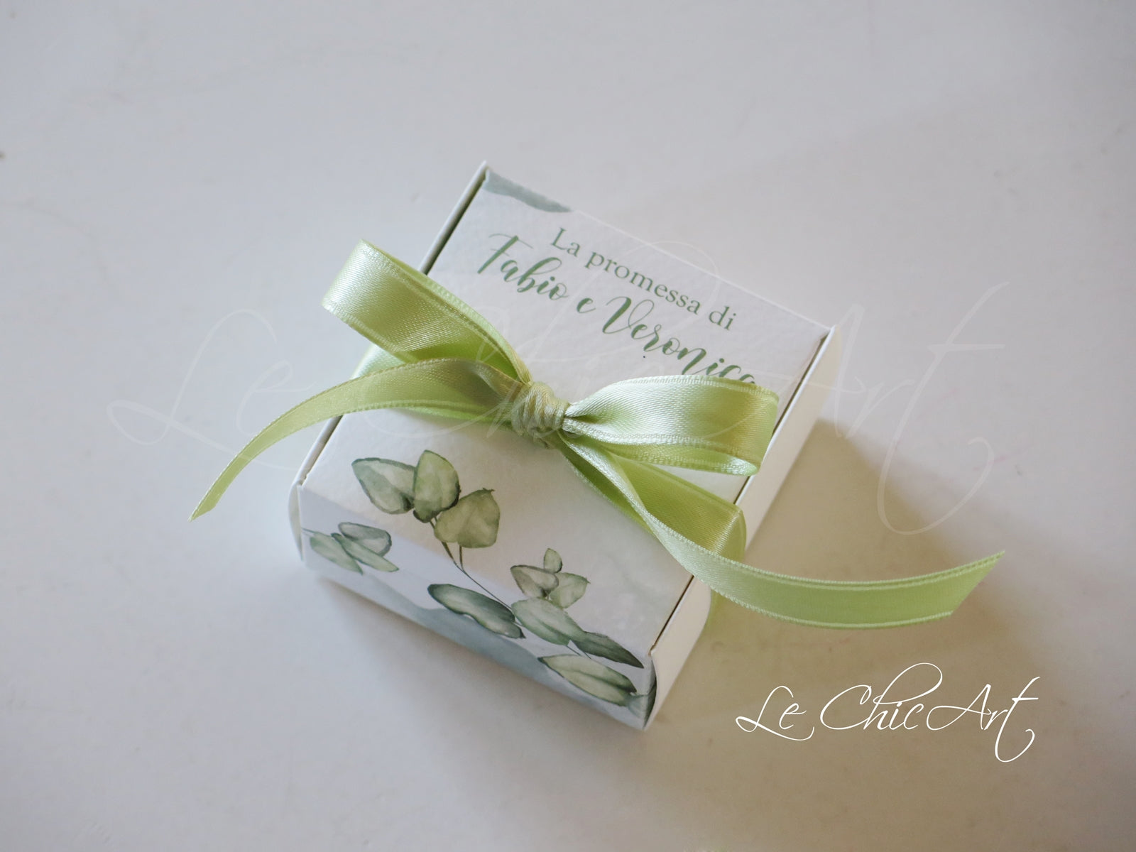 Bomboniere porta confetti eucalipto design botanico per promessa matrimonio