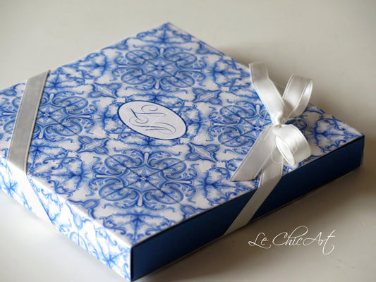 "Partecipazioni matrimonio box blu navy con maioliche e confetti - set completo da 10 pezzi"
