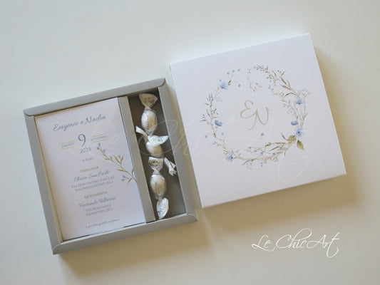 Partecipazioni Matrimonio Box a sfilo con Confetti. Fiori di campo