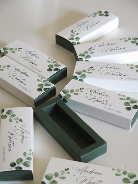 Set 20 scatole porta confetti eucalipto mini sfilo verde bosco design botanico
