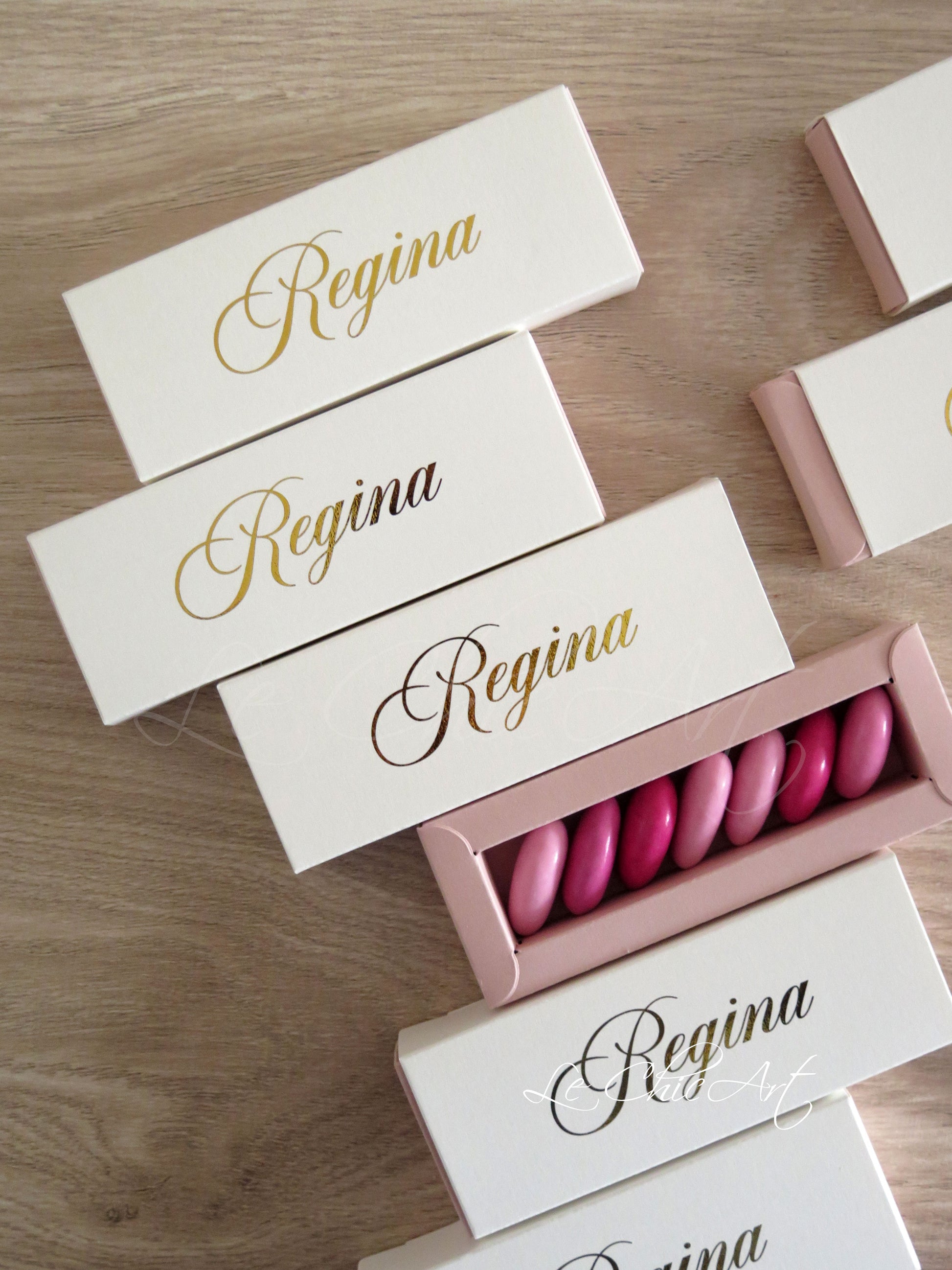 Scatola porta confetti mini sfilo 12x4x2cm nascita rosa cipria con nome in oro lucido - bomboniera personalizzata

