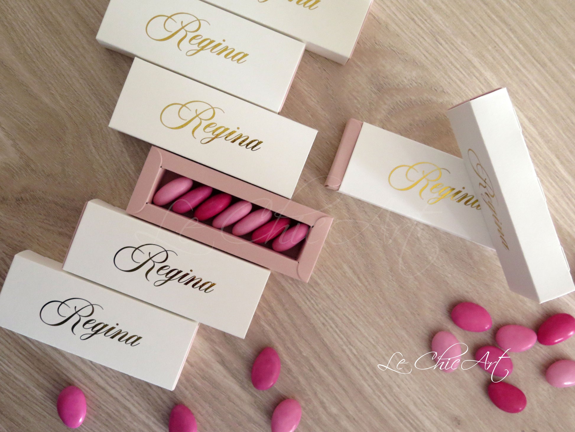 Scatola porta confetti mini sfilo 12x4x2cm nascita rosa cipria con nome in oro lucido - bomboniera luxury
