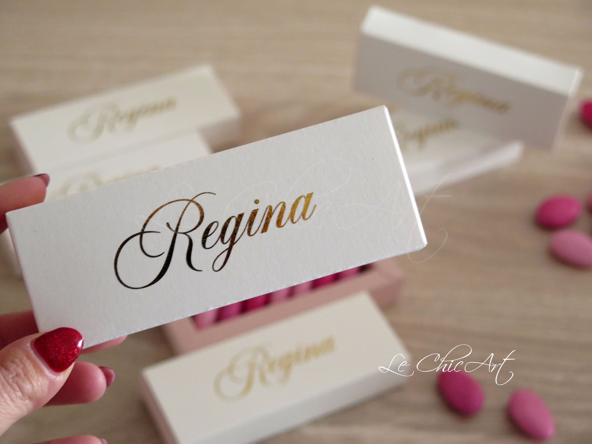Scatola porta confetti mini sfilo 12x4x2cm nascita rosa cipria con nome in oro lucido - bomboniera elegante
