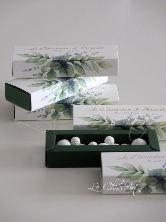 Set 20 scatole porta confetti comunione fiori eucalipto lavanda 12x4x2cm con fascia a sfilo