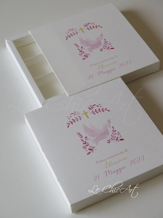 Set 10 scatole degustazione 6 scomparti 17x17x2cm colomba comunione personalizzata