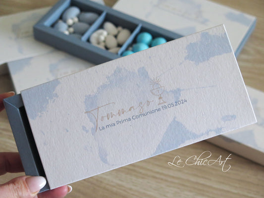 Bomboniere Comunione Luxury - Set Scatole Degustazione 3 Scomparti 17x8x2cm Macchie Acquerellate Pennellate Azzurro Polvere - Made in Italy