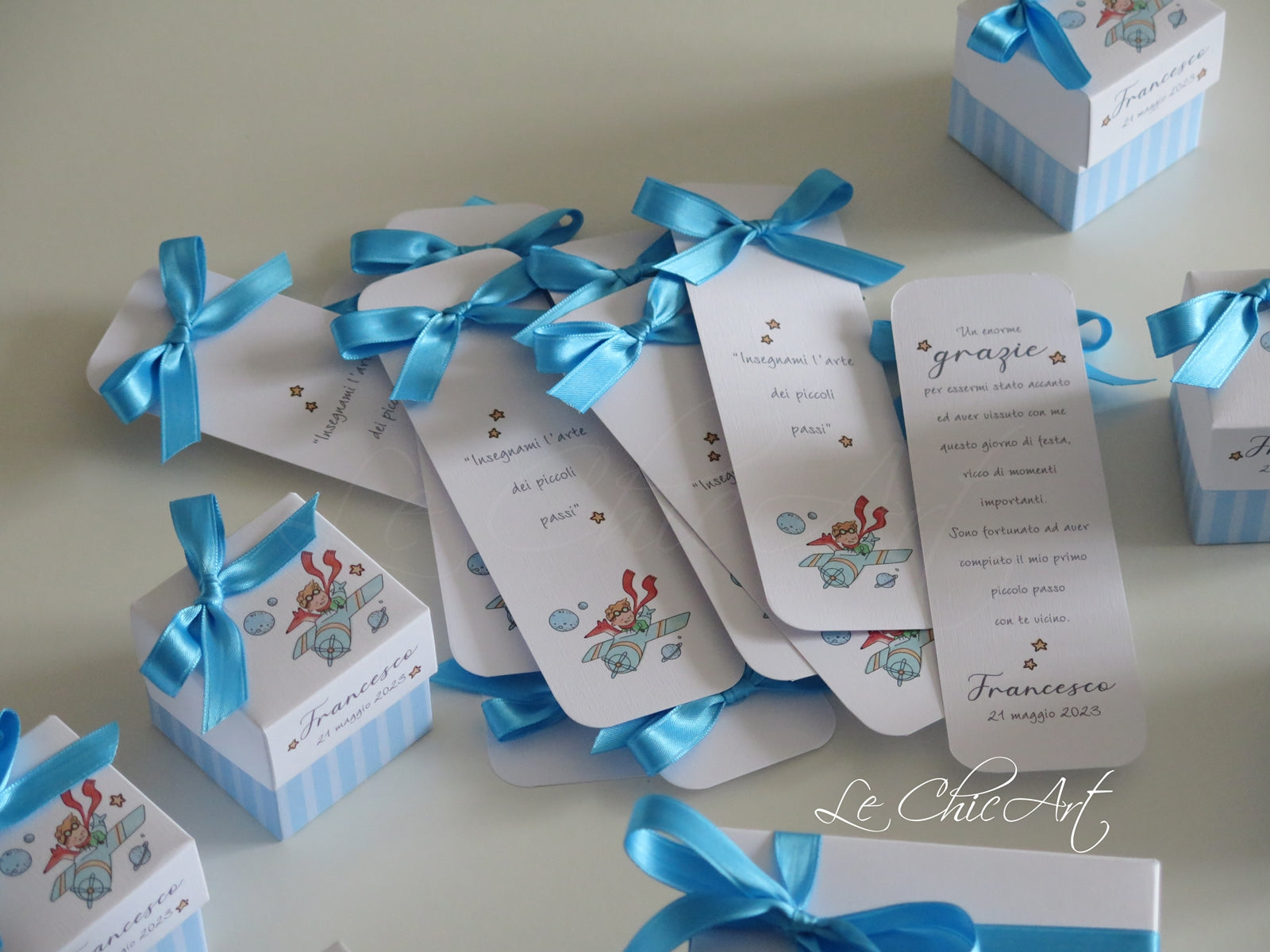 Segnalibro segnaposto matrimonio battesimo tema Piccolo Principe turchese - bomboniera elegante 15x5cm con fiocco raso