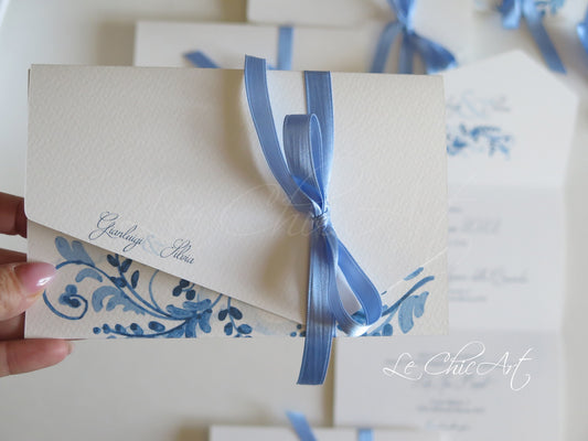 Partecipazioni matrimonio eleganti con maioliche azzurre dipinte a mano - design esclusivo italiano