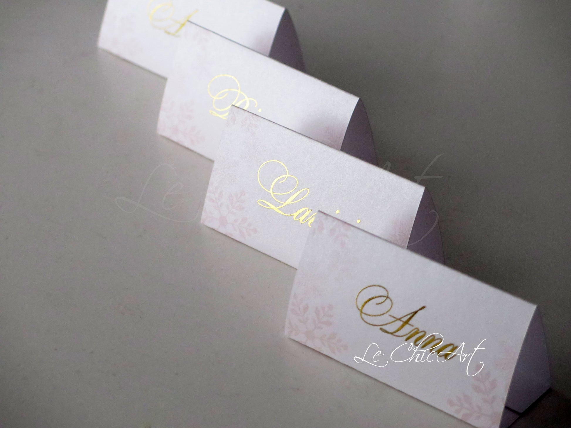 Segnaposto fiocchi neve rosa cipria oro lucido 9x5cm elegante