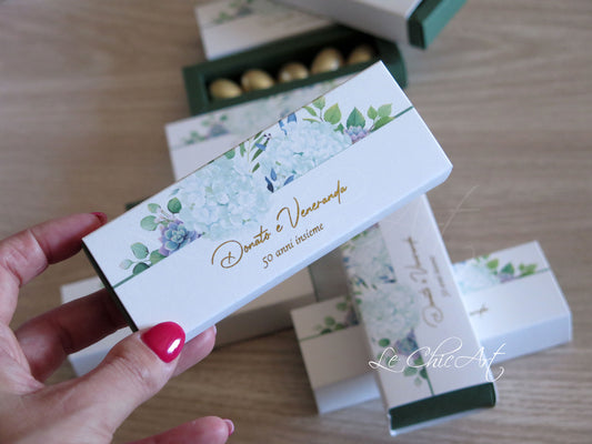 Bomboniere 50° Anniversario Nozze d'Oro - Set 20 Scatole Mini Sfilo 12x4x2cm Ortensie Verde Bosco Testo Oro Lucido - Made in Italy Premium