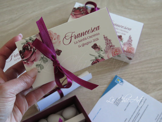 Set 10 Bomboniere Solidali con Pergamena AIRC - Scatola Borgogna Rose, Nastro Doppio Raso Italiano