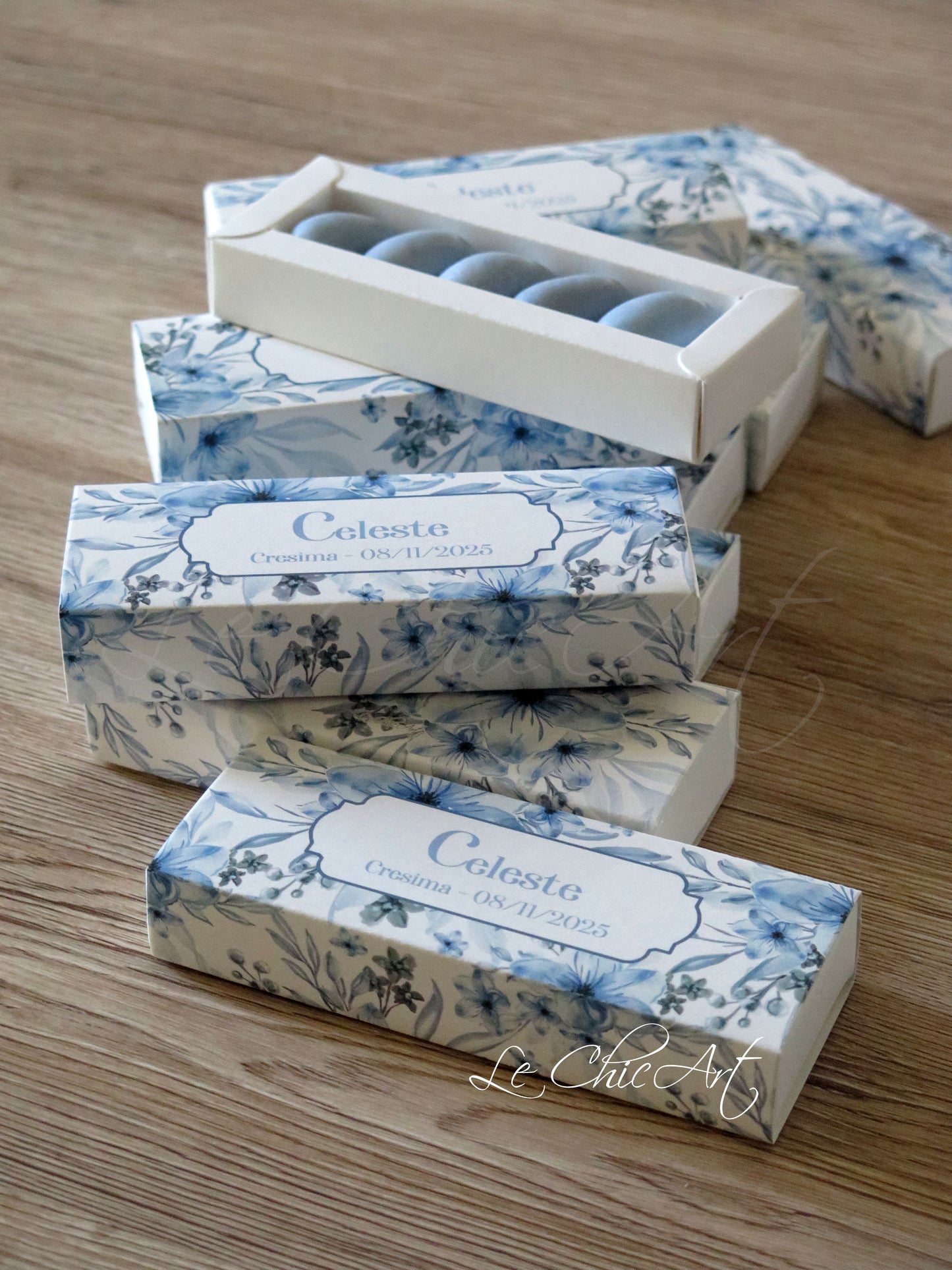 Set of 20 18th birthday confetti boxes with burgundy and powder blue flowers