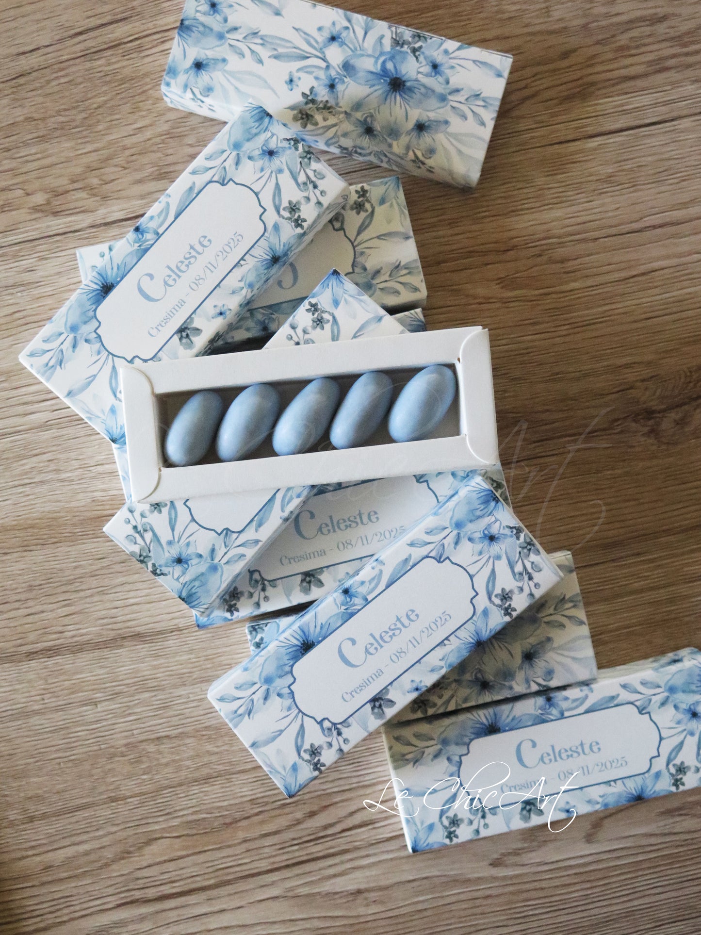 Set of 20 18th birthday confetti boxes with burgundy and powder blue flowers