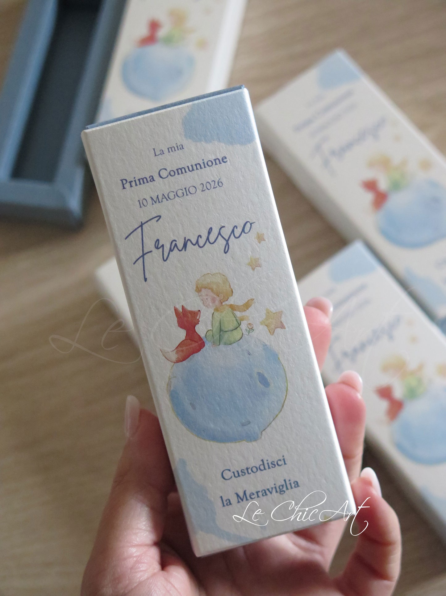 Scatolina portaconfetti mini sfilo Prima Comunione Il Piccolo Principe personalizzata con nome e data - azzurro avio - Le ChicArt Lab