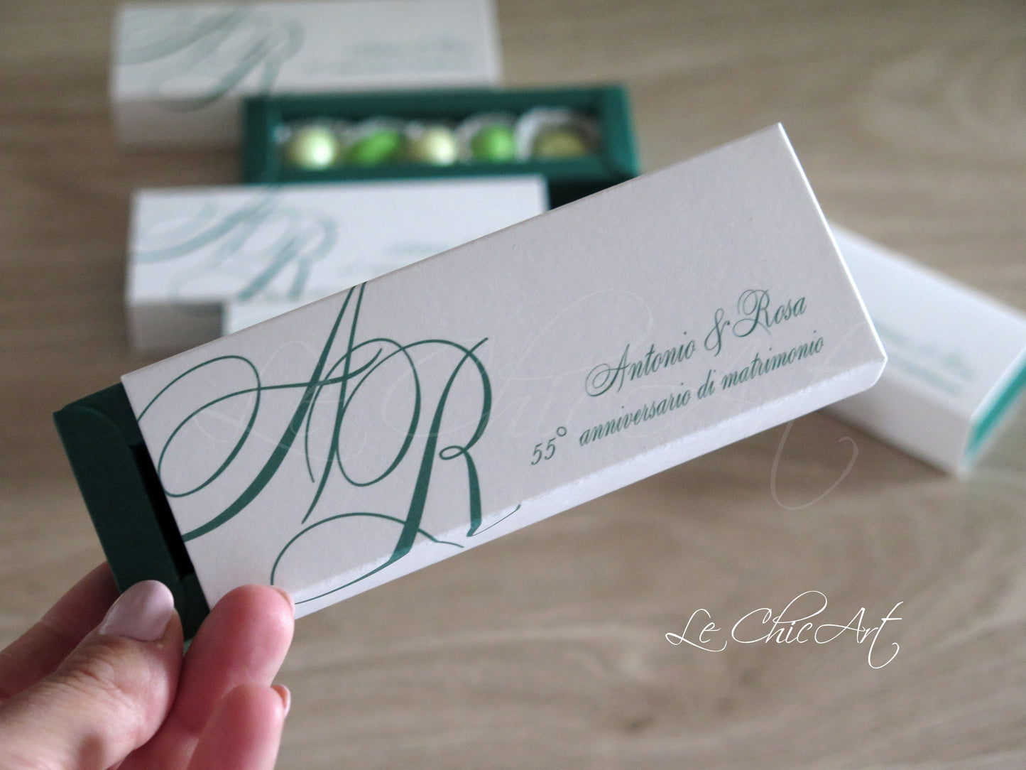 Bomboniere Nozze di Smeraldo Premium - Scatole Mini Sfilo 55° Anniversario Verde Inglese Personalizzabili con Iniziali - Packaging Luxury per Anniversario da Sogno