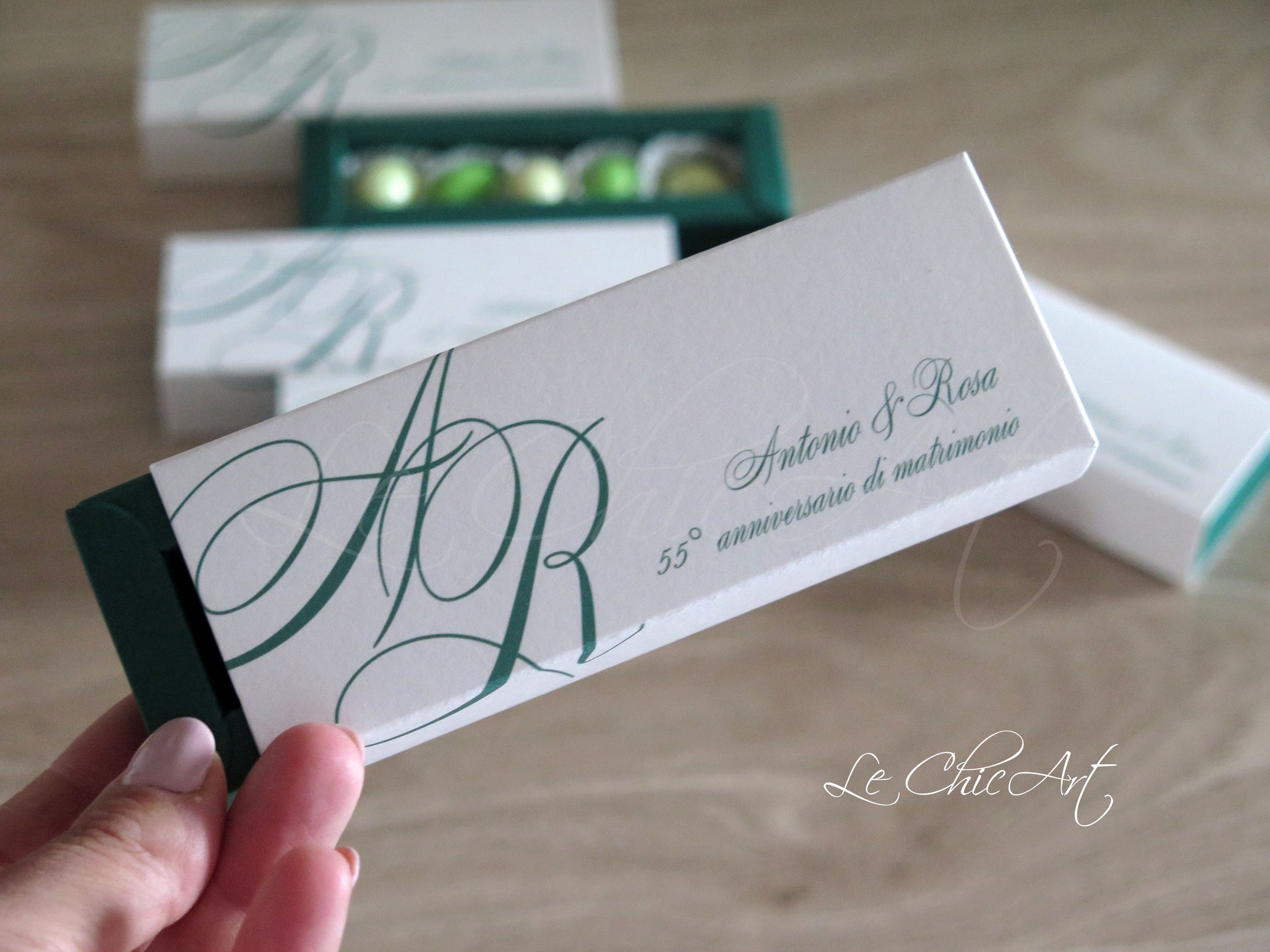 Bomboniere Nozze di Smeraldo Premium - Scatole Mini Sfilo 55° Anniversario Verde Inglese Personalizzabili con Iniziali - Packaging Luxury per Anniversario da Sogno