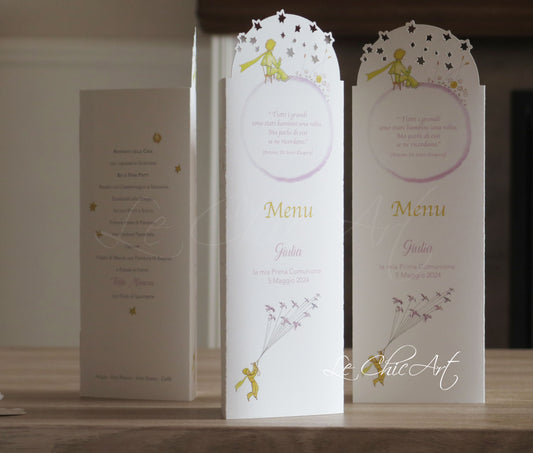 Menù Comunione Piccolo Principe Luxury - Set Totem Stampa 3 Facciate con Stelline Intagliate - 1-2 per Tavolo Made in Italy 